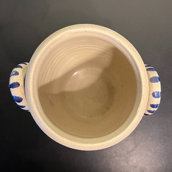 Vtg Williamsburg Pottery Double-Handled Salt Glaze Crock w/ Cobalt Blue Designs - Picture 16 of 16
